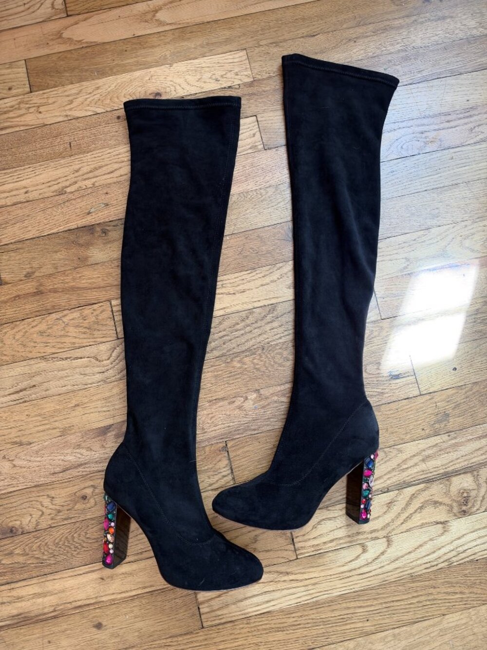Jimmy Choo Black Suede Over the Knee Boots Jeweled Crystal Heel 38